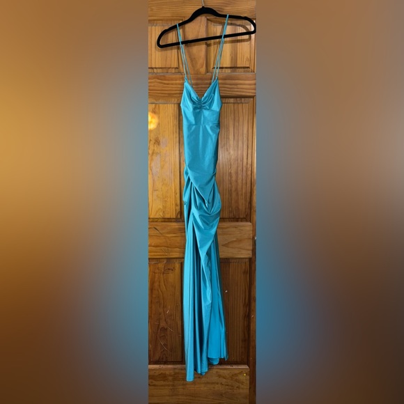 Teal Satin Criss Cross Gown - Picture 3 of 11